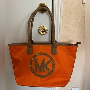 Michael Kors Orange Nylon Brown Leather Tote Handbag